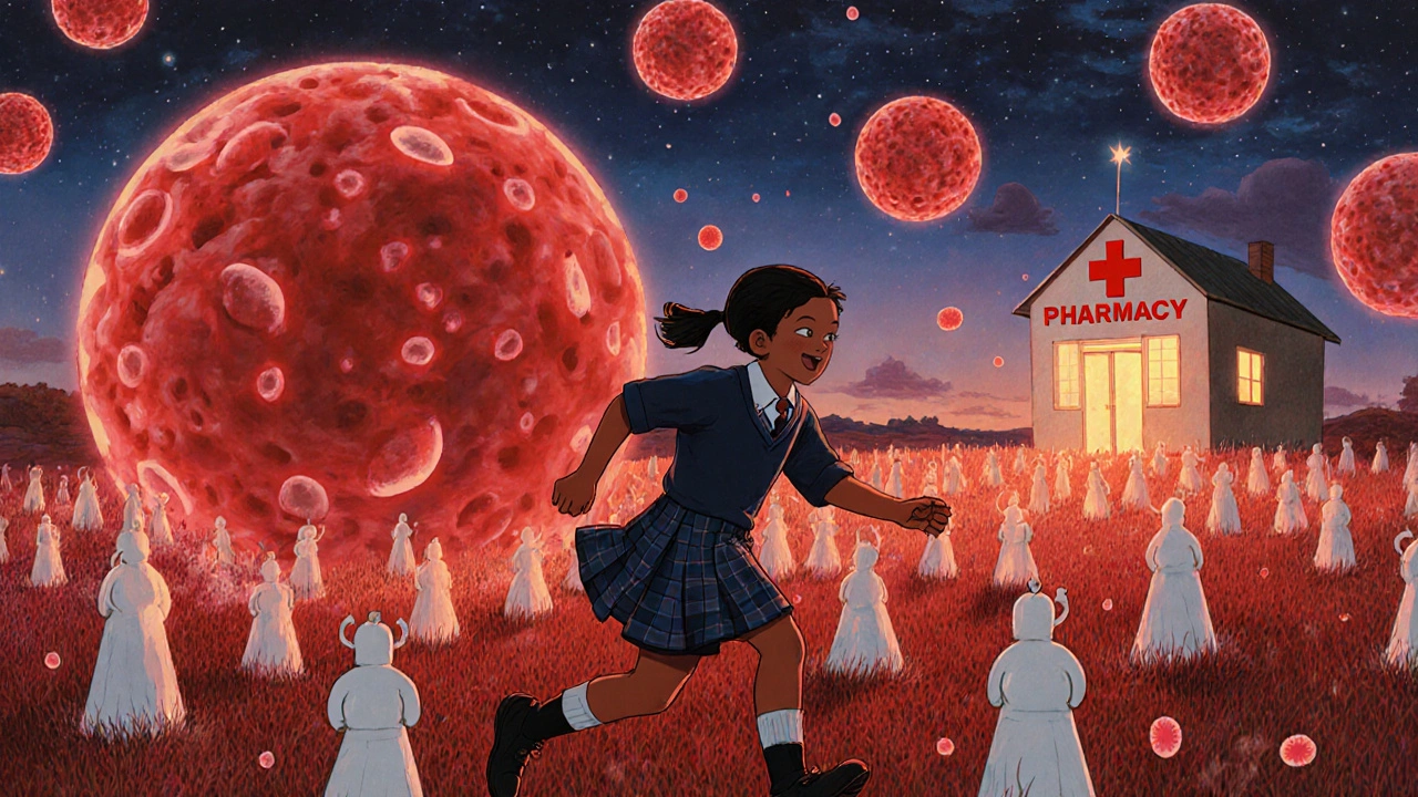 Un enfant court dans un champ de cellules sanguines géantes, symbolisant la santé retrouvée grâce à un traitement accessible.