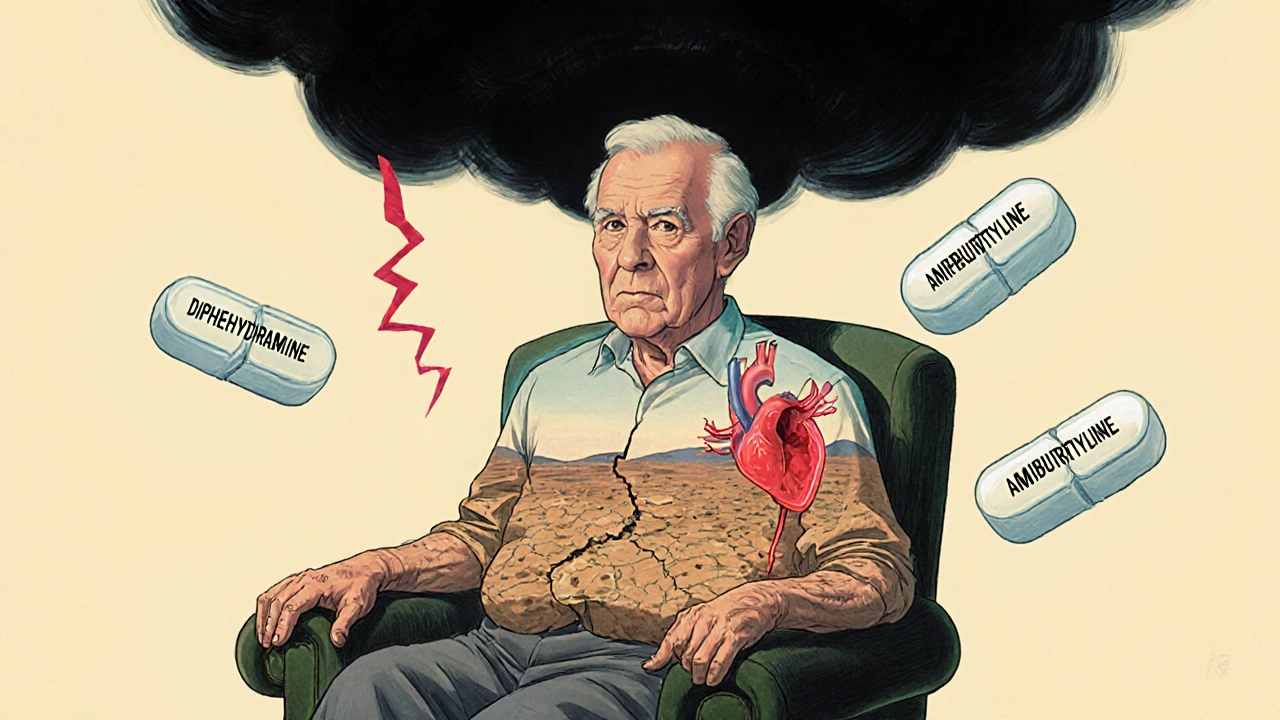 Un homme âgé aux couches corporelles transparences montrant les effets cumulés de médicaments anticholinergiques dangereux.