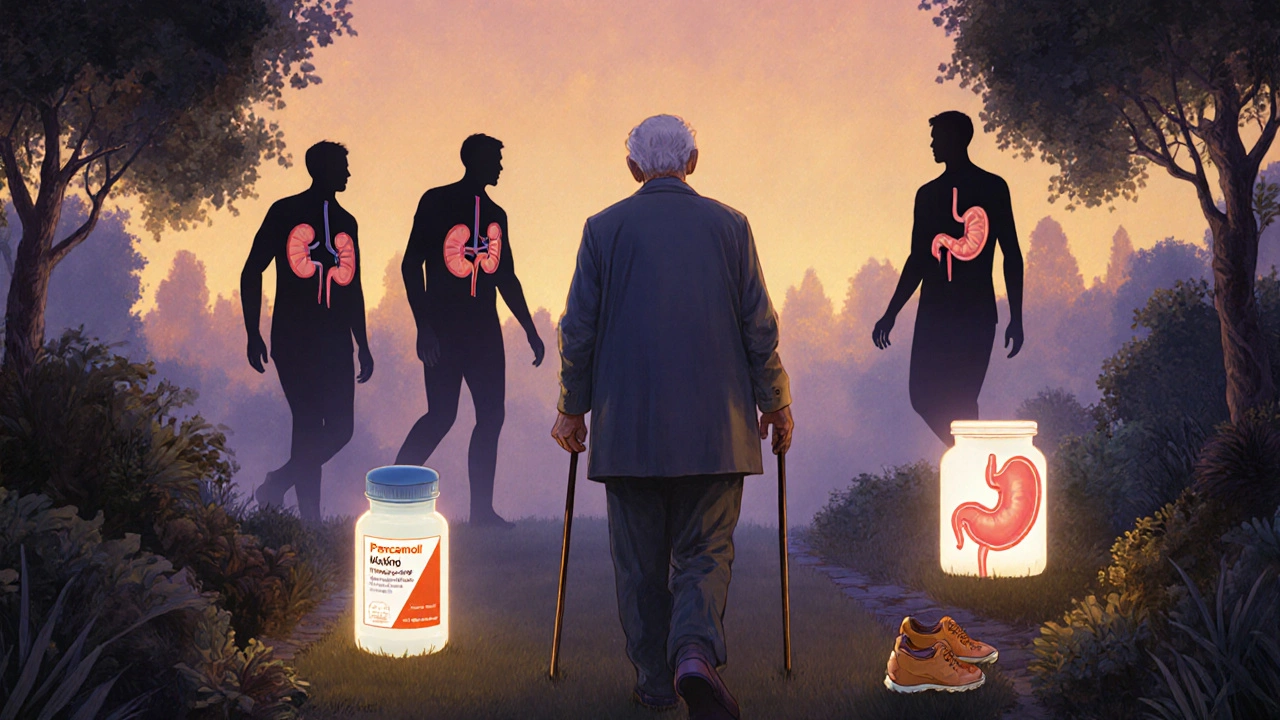 Un homme âgé marchant dans un jardin, entouré de symboles de traitements sûrs pour la douleur articulaire.