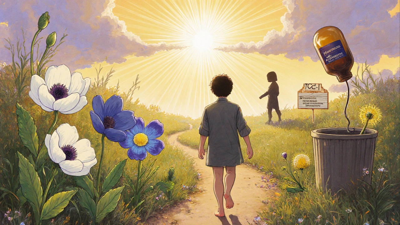 Un jardin au lever du jour avec des fleurs représentant des alternatives au trazodone, une personne marche vers la lumière.