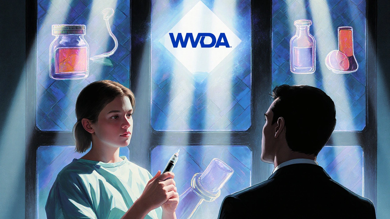 Un jeune athlète tient une seringue d&#039;insuline tandis qu&#039;un logo WADA flotte au-dessus, sous une lumière douce et mystique.