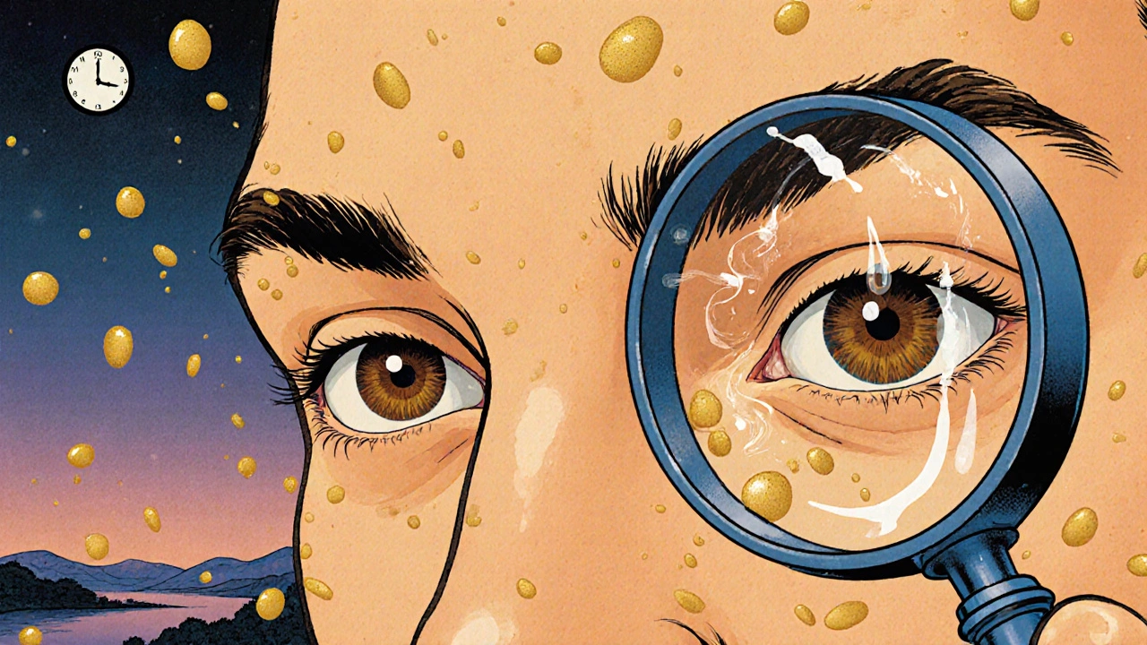 Un œil sous loupe dont l&#039;iris s&#039;assombrit légèrement, entouré de particules dorées, dans un paysage crépusculaire.