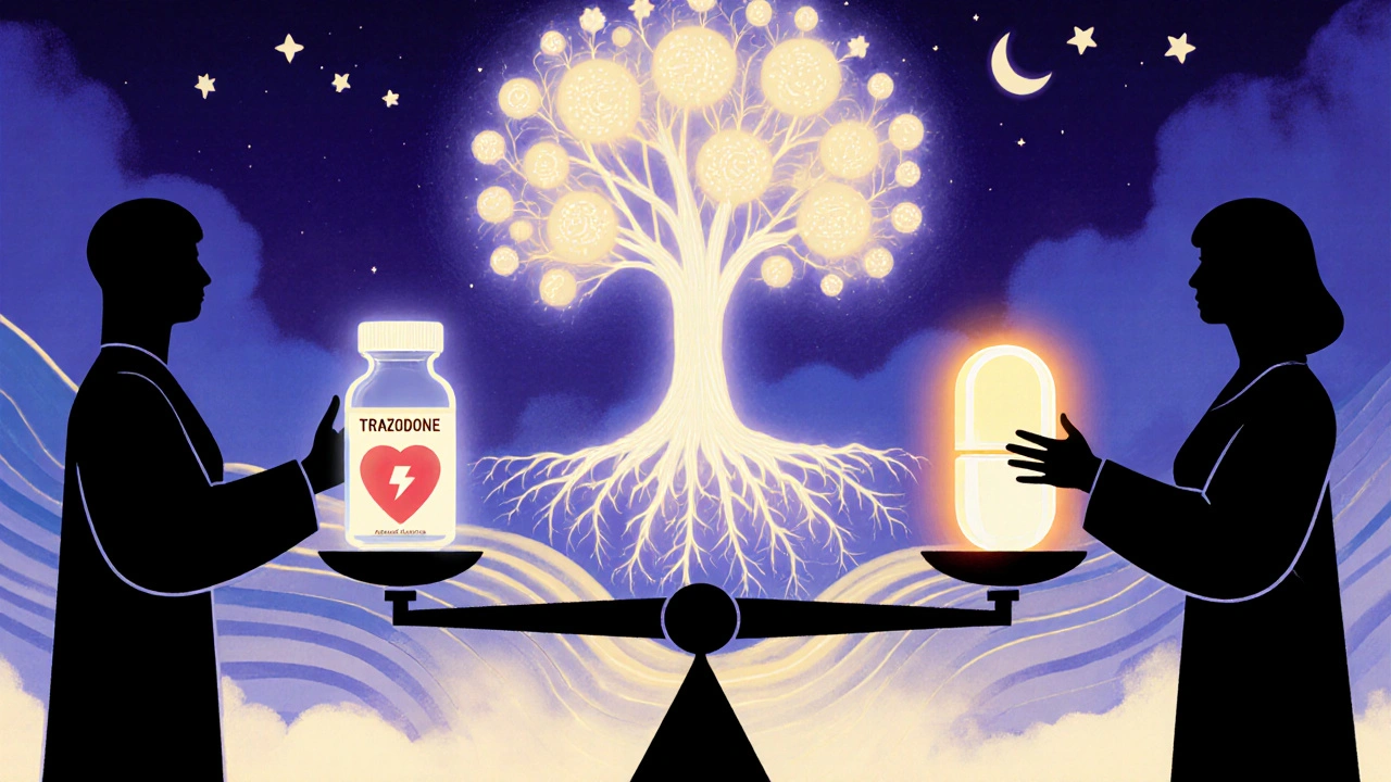 Une balance symbolique entre deux traitements pour la dépression et l&#039;insomnie, entourée de motifs circadiens et de synapses lumineuses.