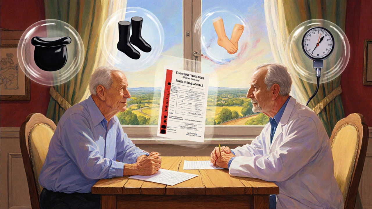 Une consultation médicale avec un rapport sanguin et des avertissements visuels flottants autour du patient et du médecin.