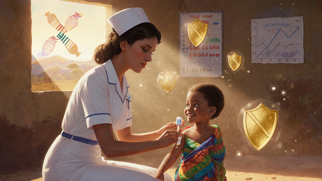 Une infirmière administre un traitement antirétroviral à un enfant dans une clinique rurale, entourée de symboles lumineux de protection virale.