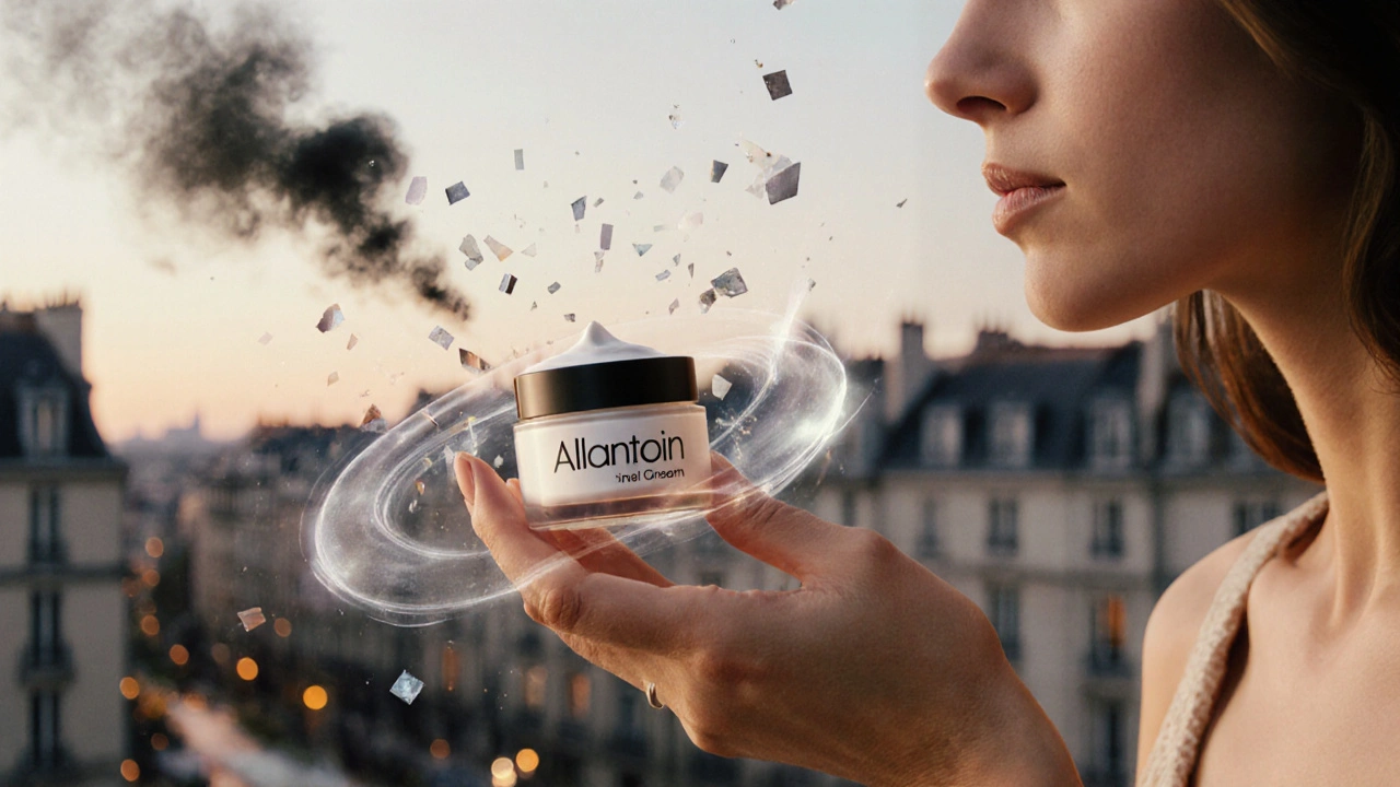 Une main tenant un pot de crème allantoïne, tandis que les particules de pollution se dissolvent en lumière douce.