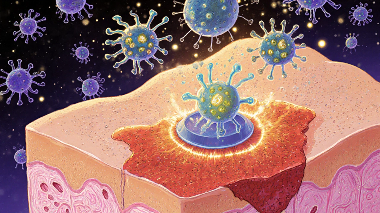 Vue illustrée du déclenchement immunitaire dans la peau après application d&#039;Imiquimod.