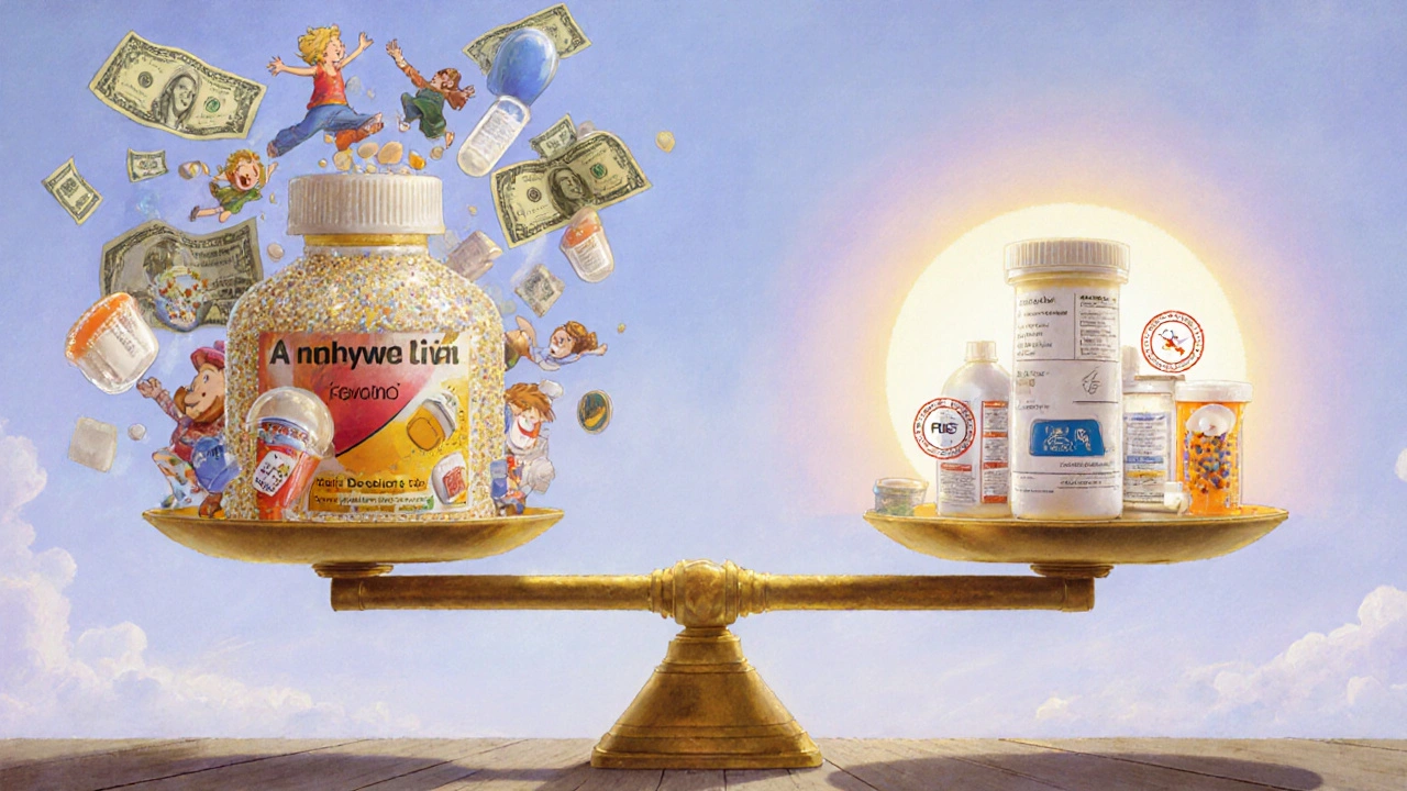 Balançoire géante comparant un médicament de marque orné de publicités à un générique simple mais lumineux, soutenu par des symboles scientifiques.