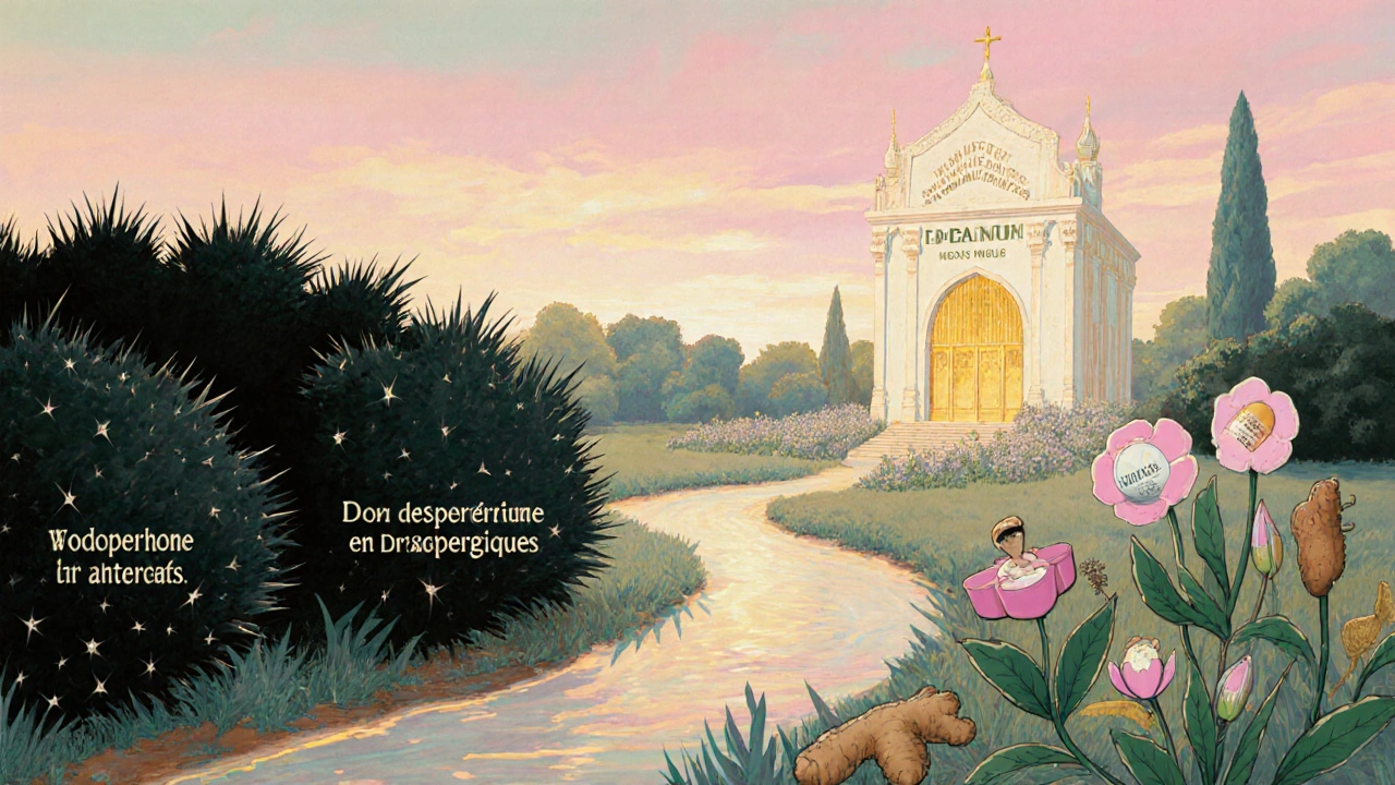 Chemin symbolique dans un jardin lumineux : d&#039;un côté des buissons menaçants, de l&#039;autre des fleurs représentant des traitements sûrs pour la maladie de Parkinson.