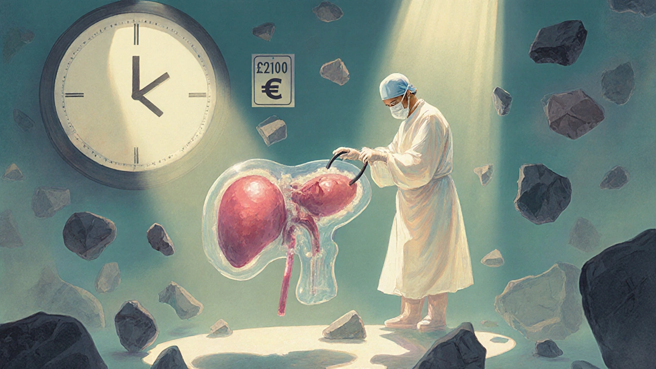 Chirurgie mini-invasive de la vésicule biliaire, représentée de manière stylisée et lumineuse, avec des fragments de calculs.