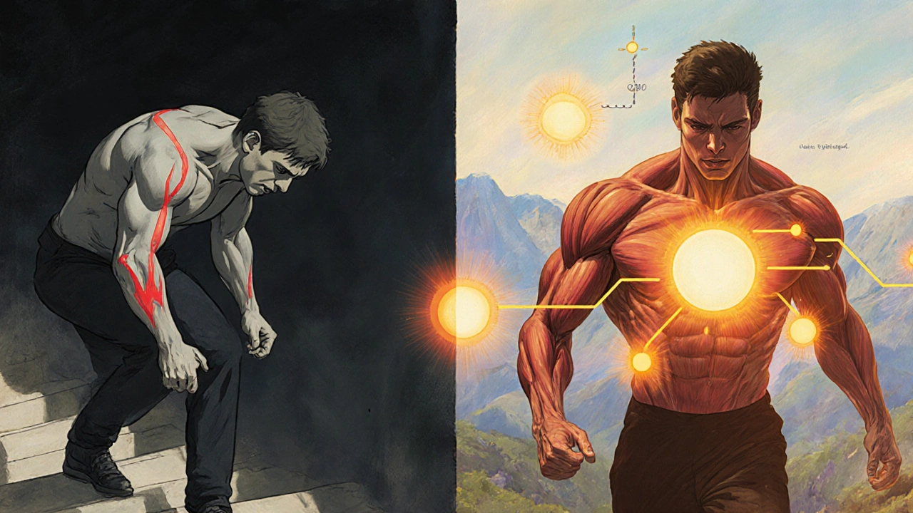 Comparaison d&#039;une personne fatiguée et d&#039;une personne énergisée par le CoQ10.