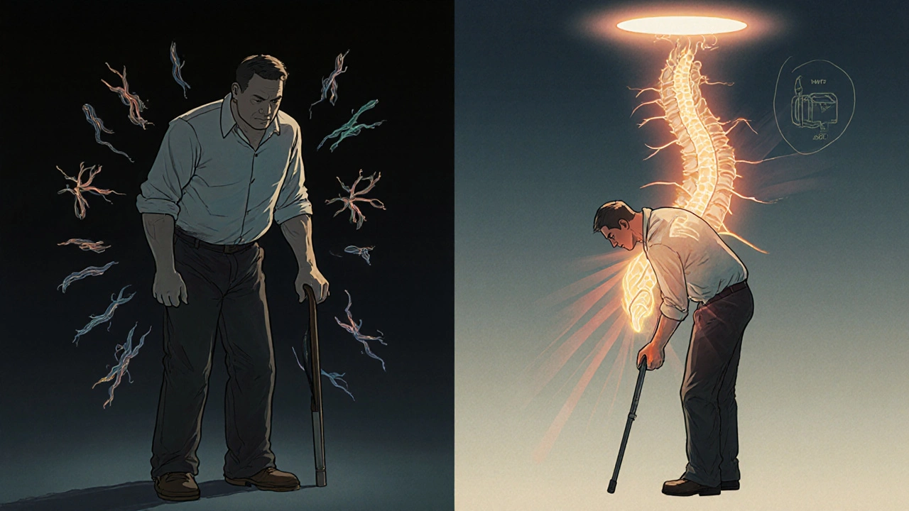 Comparaison visuelle d&#039;une douleur nerveuse soulagée par une posture penchée versus une compression vasculaire.