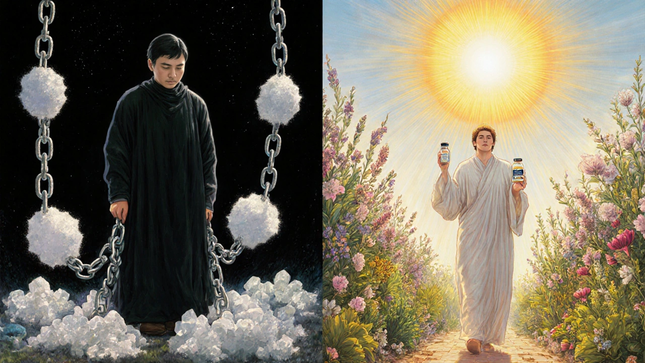 Composition divisée : personne opprimée par des chaînes de sucre à gauche, libérée dans un jardin médicinal à droite.