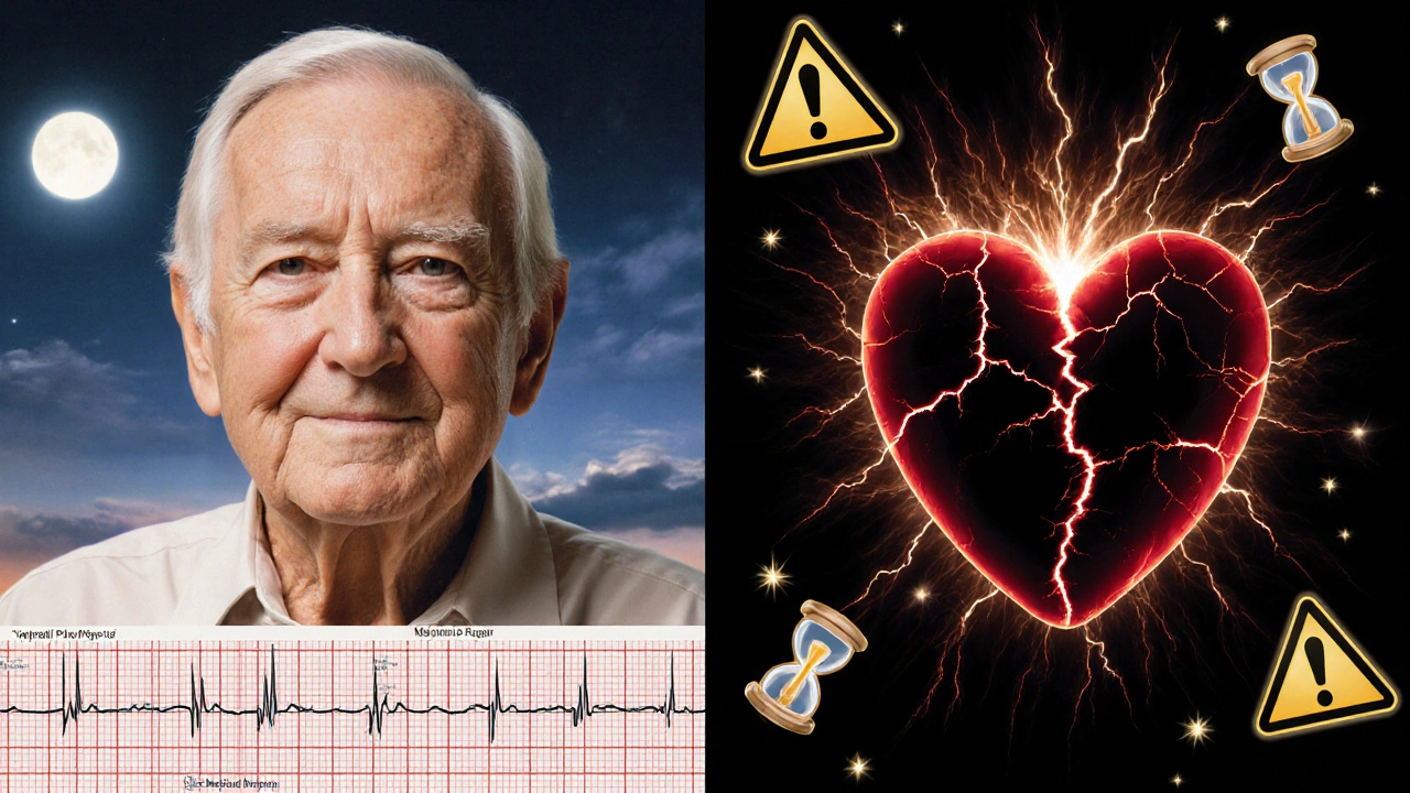 Contraste dramatique entre un cœur sain et un cœur en danger à cause de l&#039;association vérapamil-bêta-bloquant, en lumière éthérée.