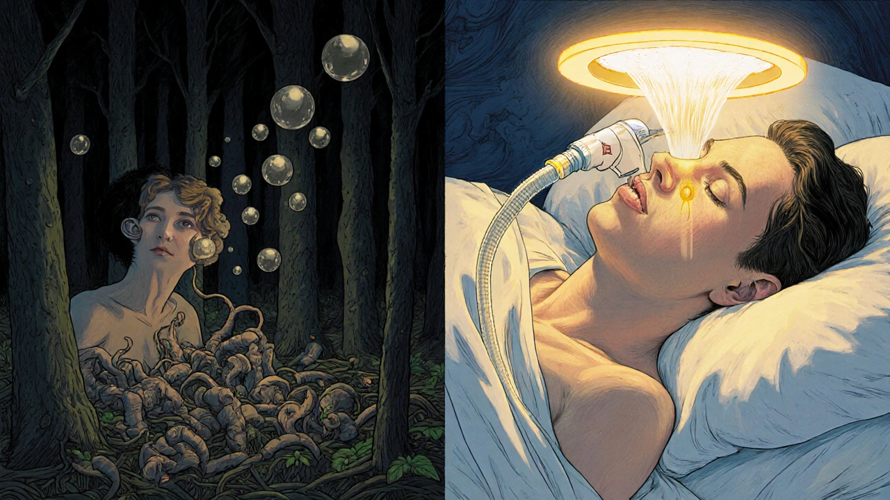 Contraste entre une voie respiratoire effondrée et une voie maintenue ouverte par le CPAP.