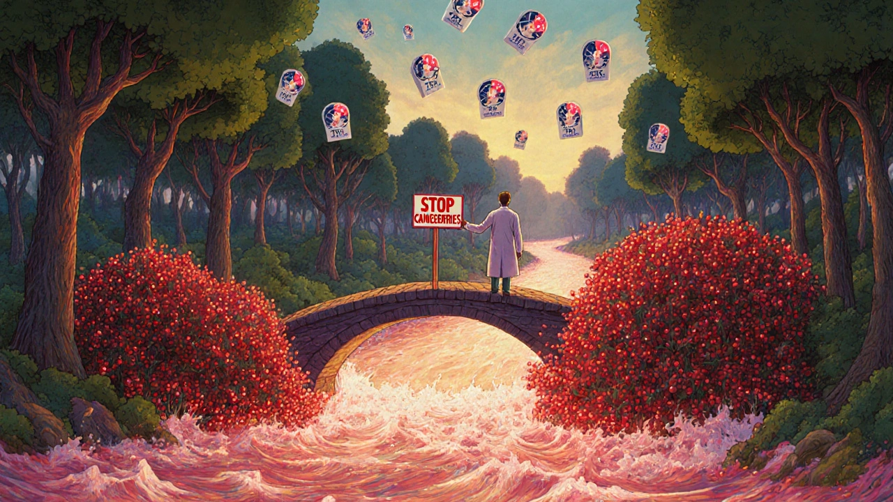 Cours d&#039;eau sanguin bloqué par des baies de canneberge géantes, dans un paysage médical symbolique.