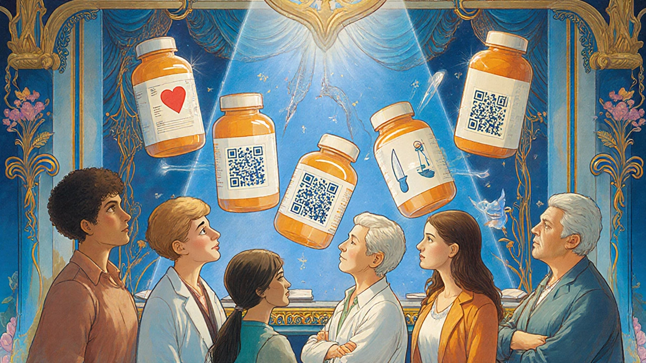 Des bouteilles d&#039;ordonnance projettent des vidéos explicatives, des patients observent avec compréhension dans une pharmacie lumineuse.