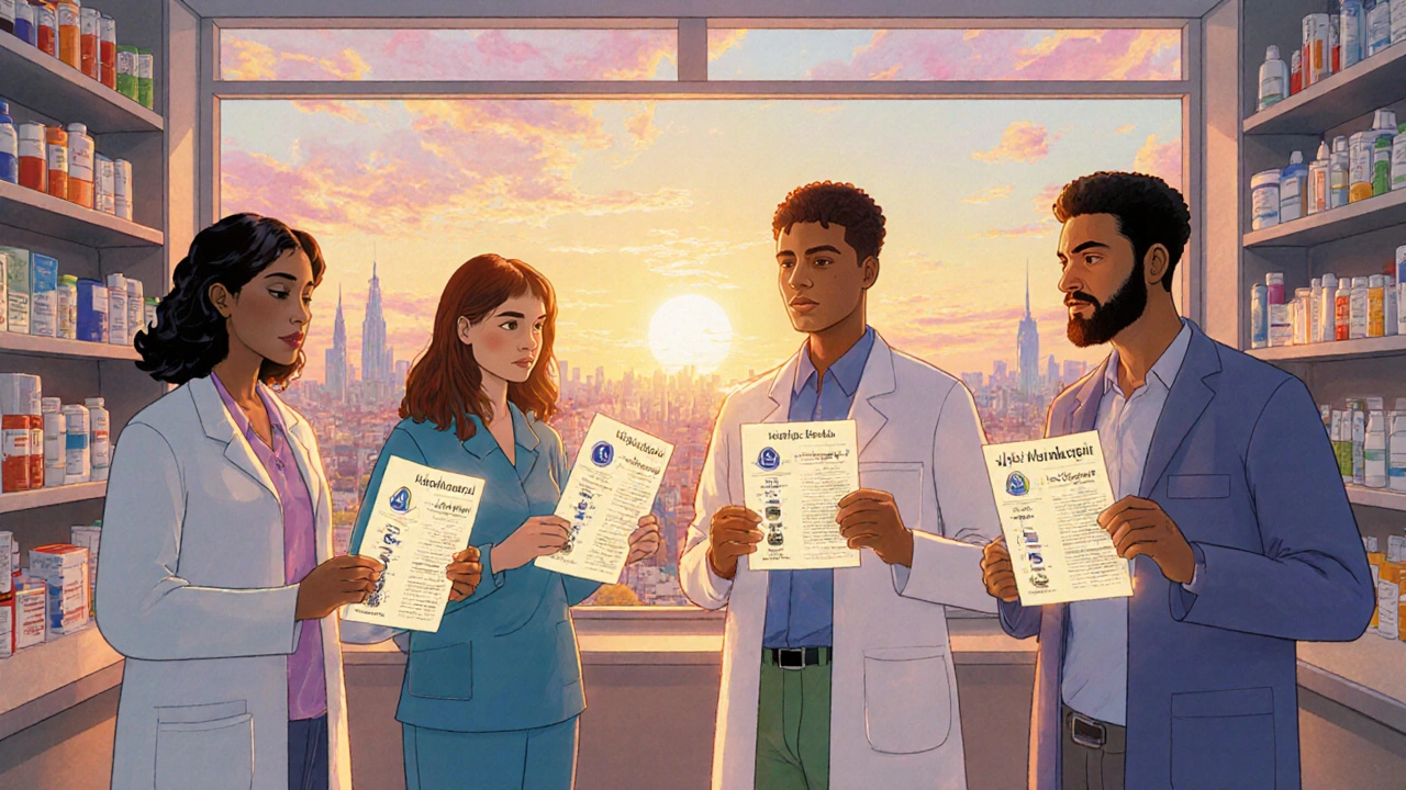Des patients reçoivent des documents en plusieurs langues dans une pharmacie moderne, sous un ciel levant.