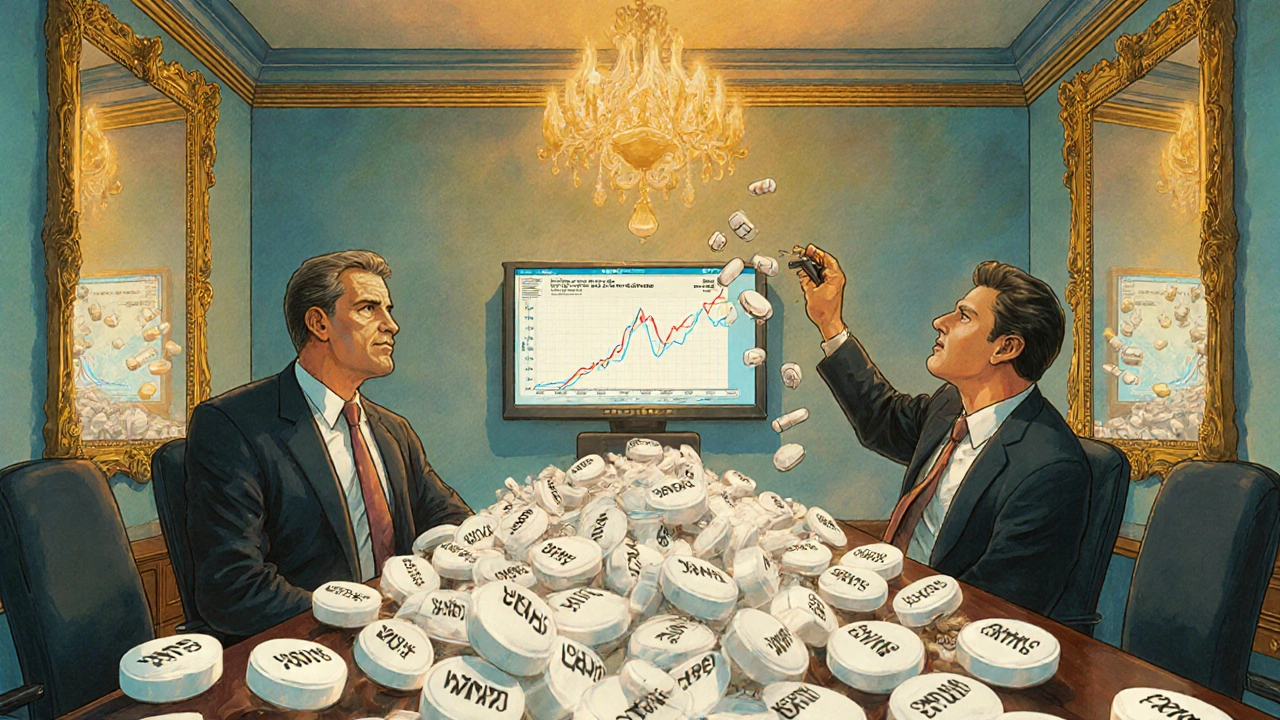 Dirigeants dans un bureau somptueux lancent des génériques identiques à leur marque, reflétés à l&#039;infini dans des miroirs dorés.