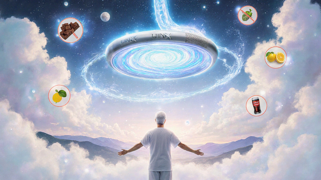 Dispositif LINX lumineux entourant l&#039;œsophage, bloquant l&#039;acide, entouré d&#039;aliments qui disparaissent en brume.