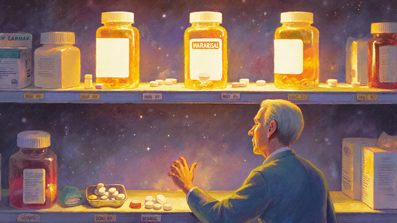 Étagère de pharmacie avec trois niveaux de prix pour des pilules identiques, éclairée par une lumière dorée et onirique.