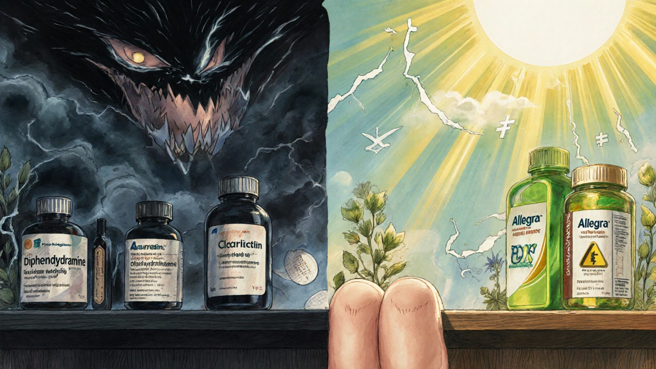 Étagère de pharmacie divisée : médicaments dangereux sombres à gauche, antihistaminiques sûrs lumineux à droite.