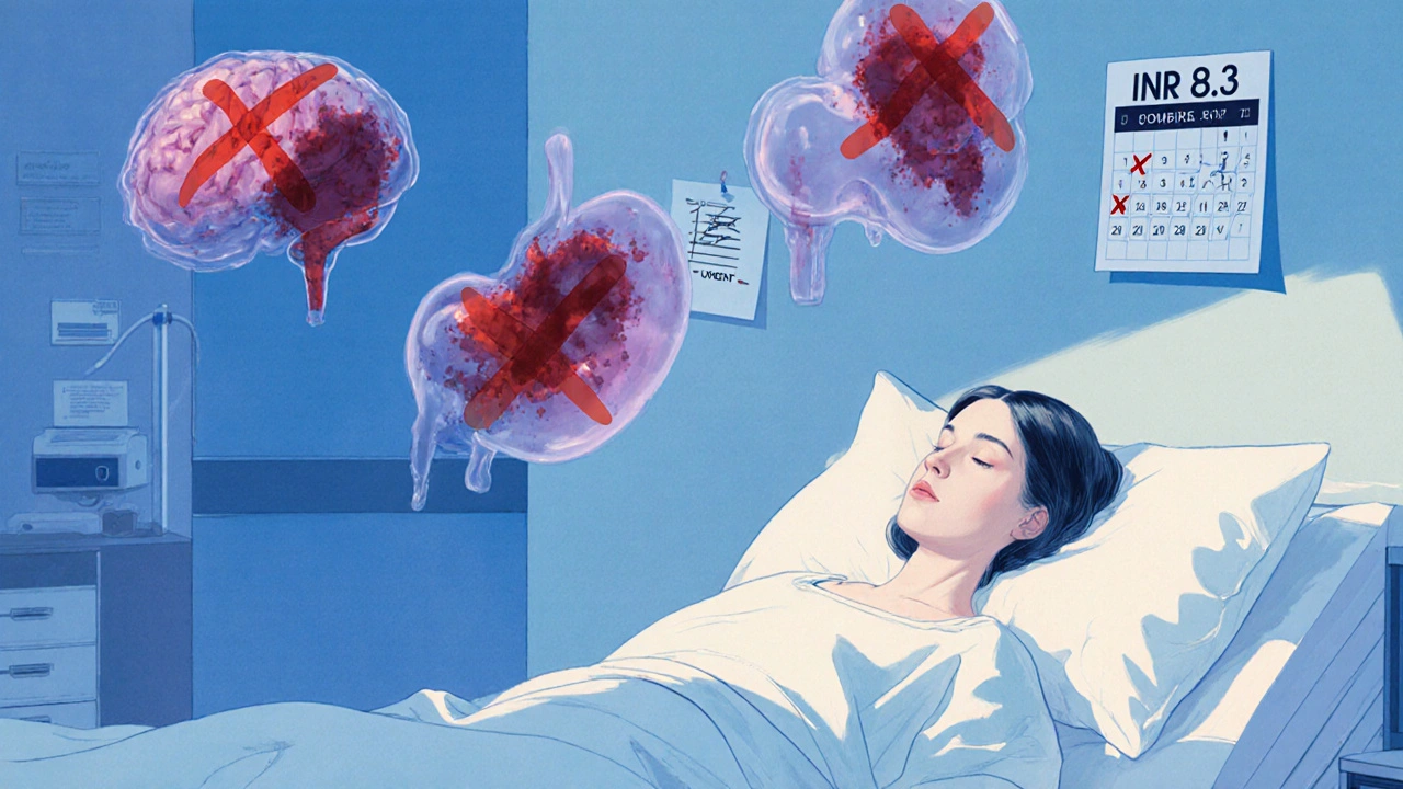 Femme hospitalisée avec des fruits de canneberge flottants projetant des ombres de saignements internes.