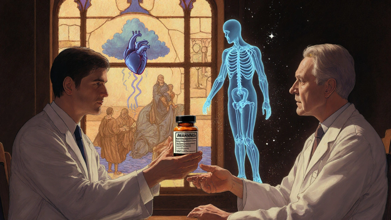 Médecin remettant une ordonnance avec avertissement noir, des ombres de risques en arrière-plan.