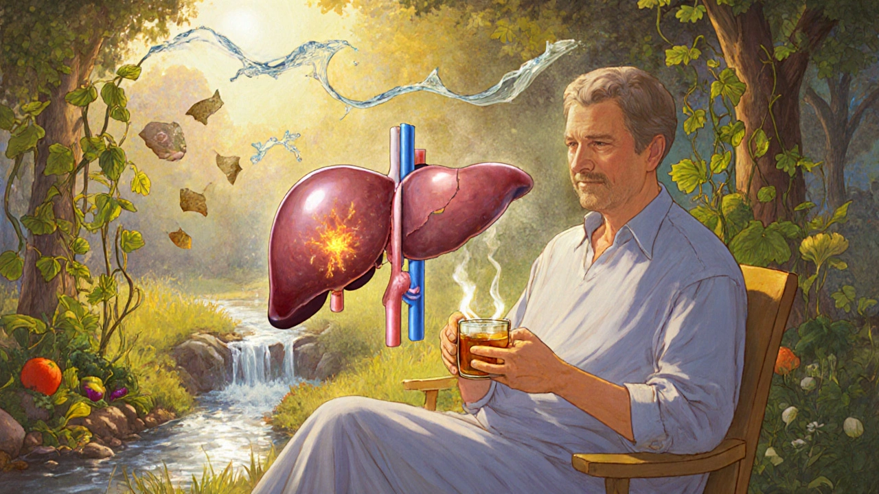 Patient dans un jardin, le foie en lumière, les traitements obsolètes disparaissant, entouré de légumes et d&#039;eau.