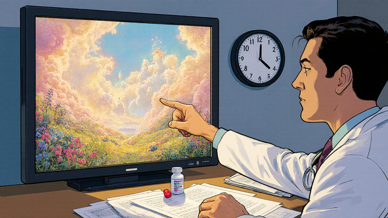 Patient pointant vers une publicité télévisée dans un cabinet médical, un générique simple posé sur le bureau.