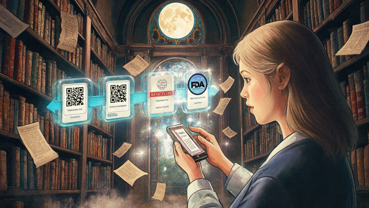 Patient scannant un code QR qui dévoile une timeline médicale en hologramme, dans une bibliothèque onirique.