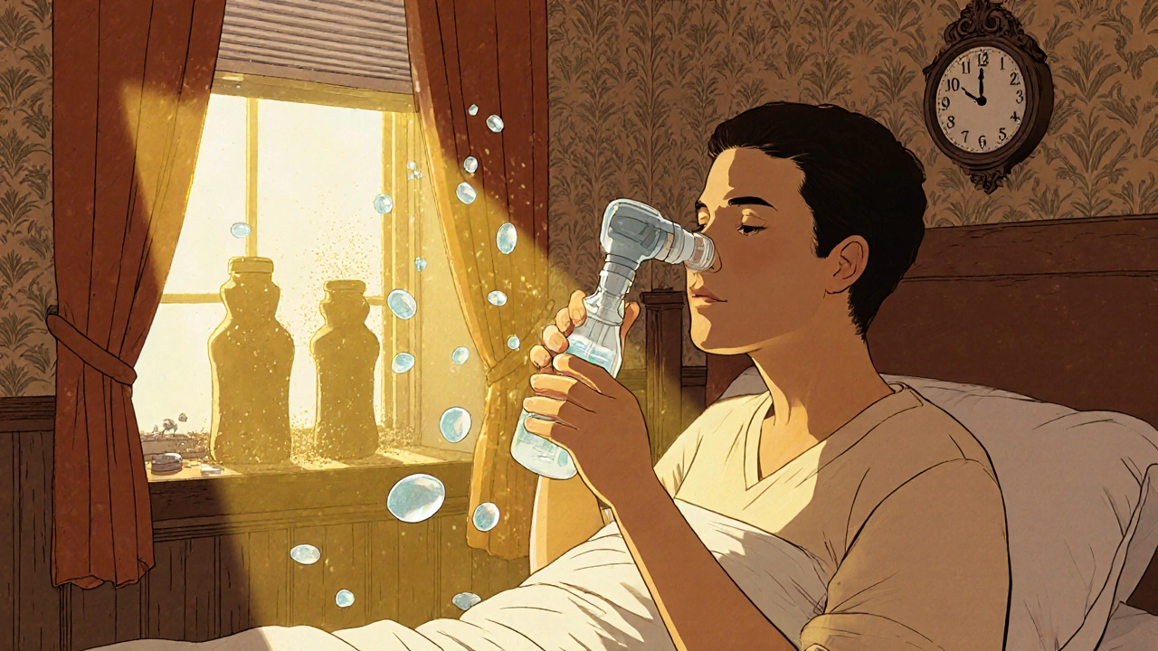 Patient utilisant un irrigateur nasal, des gouttes salines se transforment en boucliers lumineux, nuit paisible.