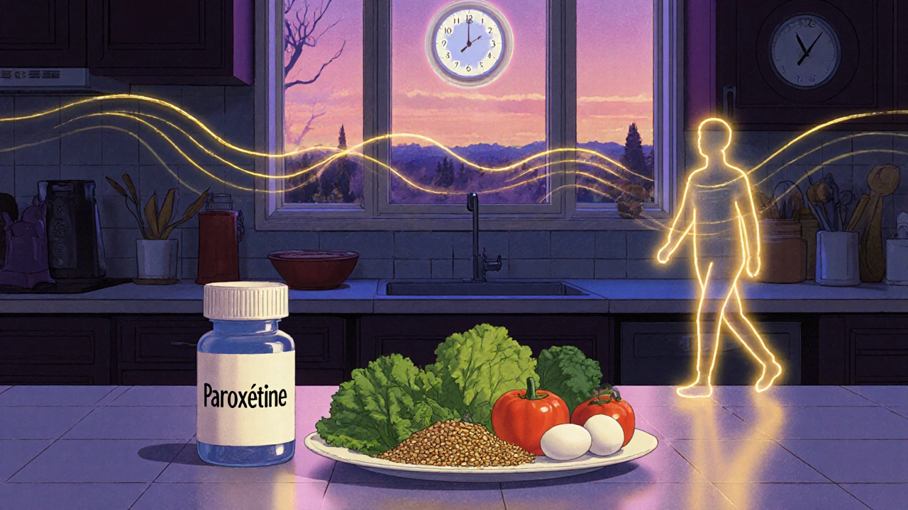 Plan de cuisine au crépuscule avec médicament, aliments sains et horloge de jeûne intermittent en lumière douce.