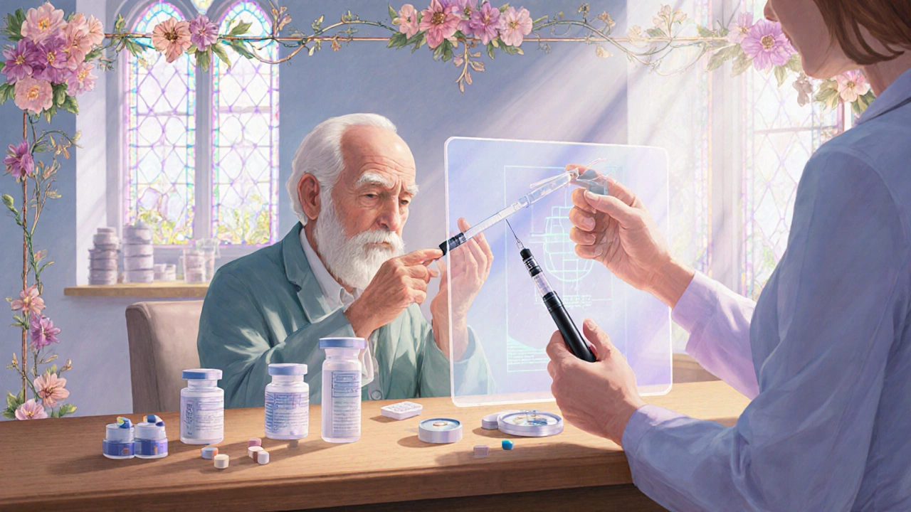 Un aîné apprend à utiliser un stylo à insuline avec l’aide d’un pharmacien, entouré d’outils réels et de lumière douce.