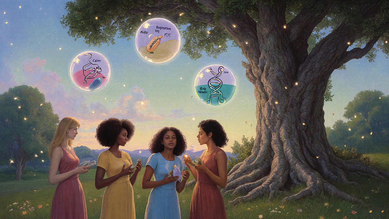 Un groupe de femmes dans un jardin au crépuscule, tenant différentes méthodes contraceptives, des motifs cérébraux flottants au-dessus d&#039;elles.