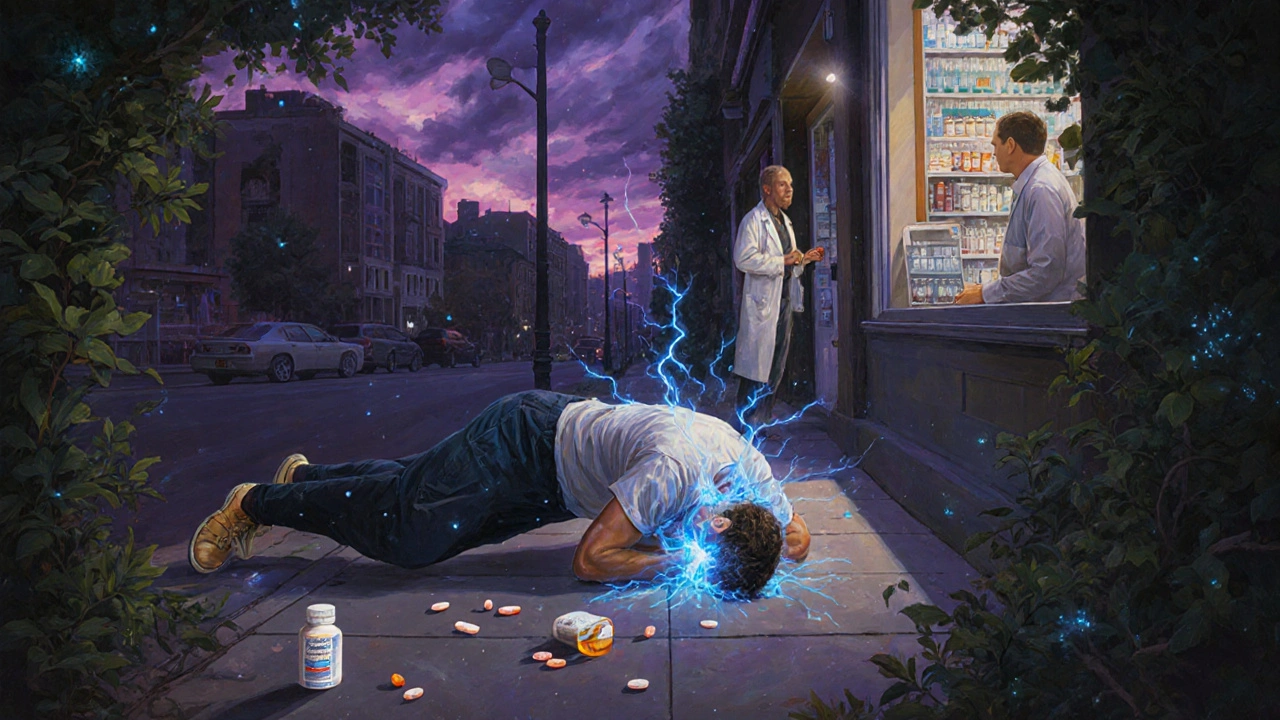 Un jeune homme fait une crise sur un trottoir, des particules électriques l&#039;entourent.