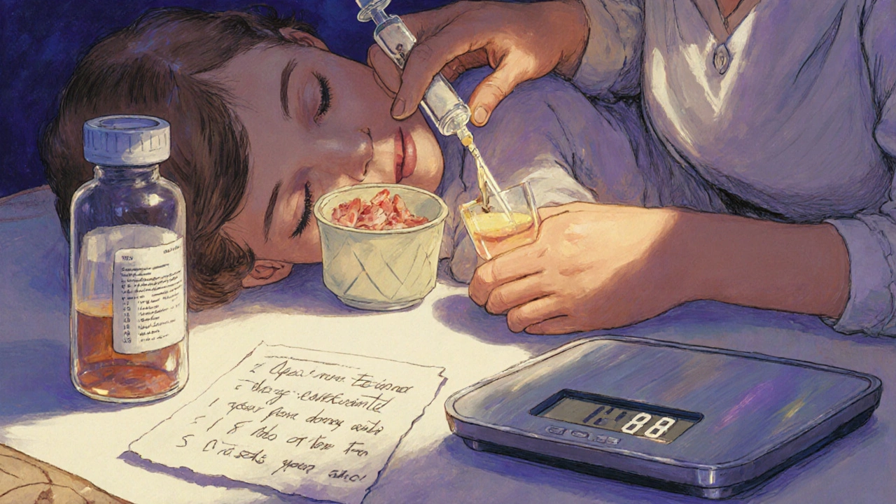 Un parent administre un médicament à un enfant par la joue, avec une note de dosage et une balance à côté.