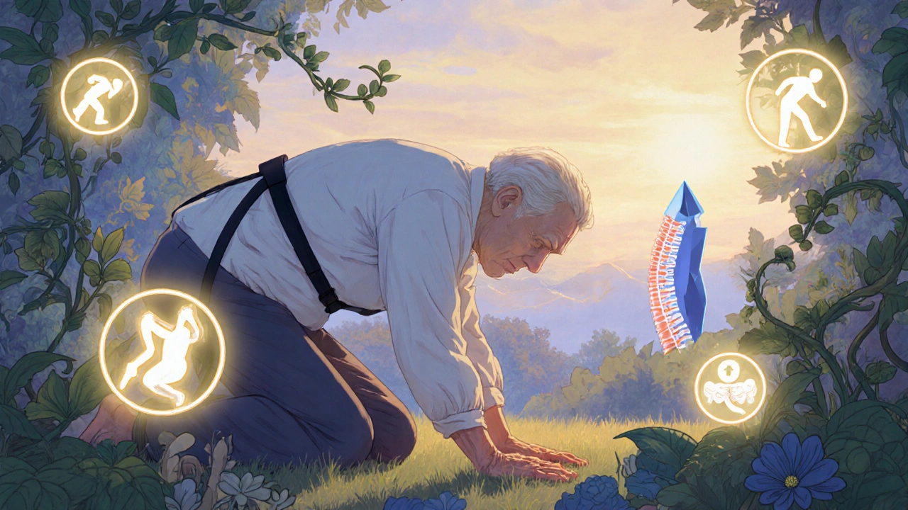 Un patient en rééducation étire son dos en avant dans un jardin, entouré de symboles de guérison.