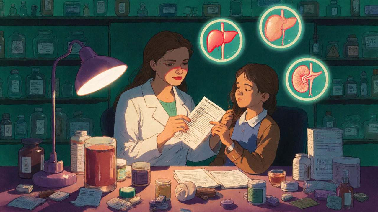 Un pharmacien aide un parent à lire une ordonnance agrandie, des icônes de interactions flottent au-dessus des médicaments.