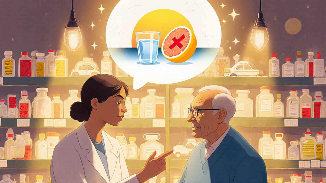 Un pharmacien aide un patient à comprendre les instructions médicamenteuses, avec des scènes animées flottant au-dessus d&#039;eux.