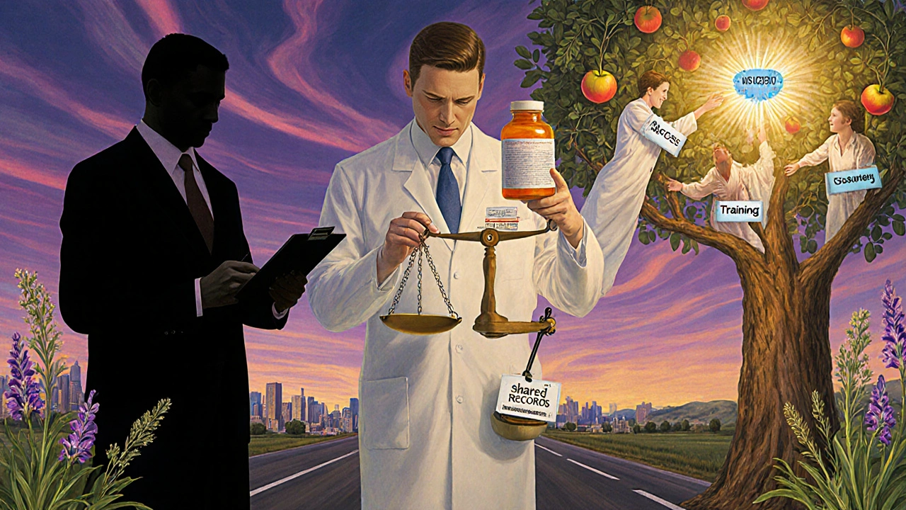 Un pharmacien en gardien équilibre accès aux soins et supervision médicale, dans un paysage symbolique des États-Unis.