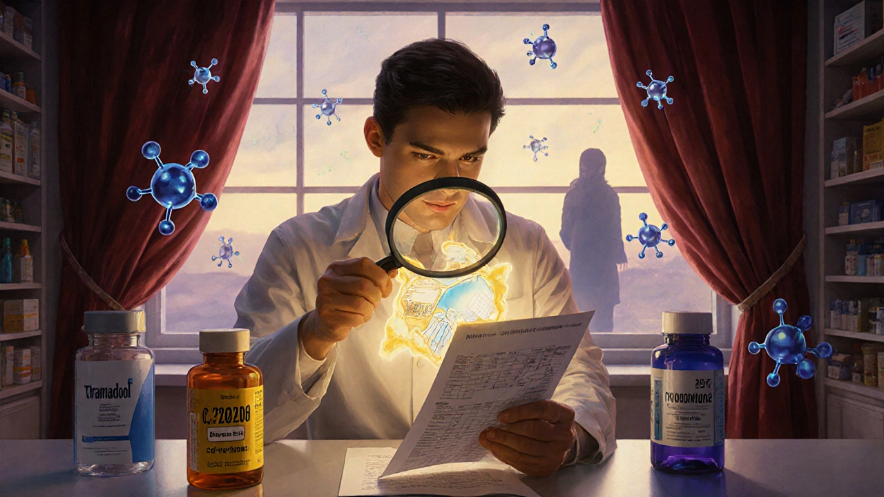 Un pharmacien examine un test sanguin avec un chemin enzymatique lumineux entre deux médicaments.