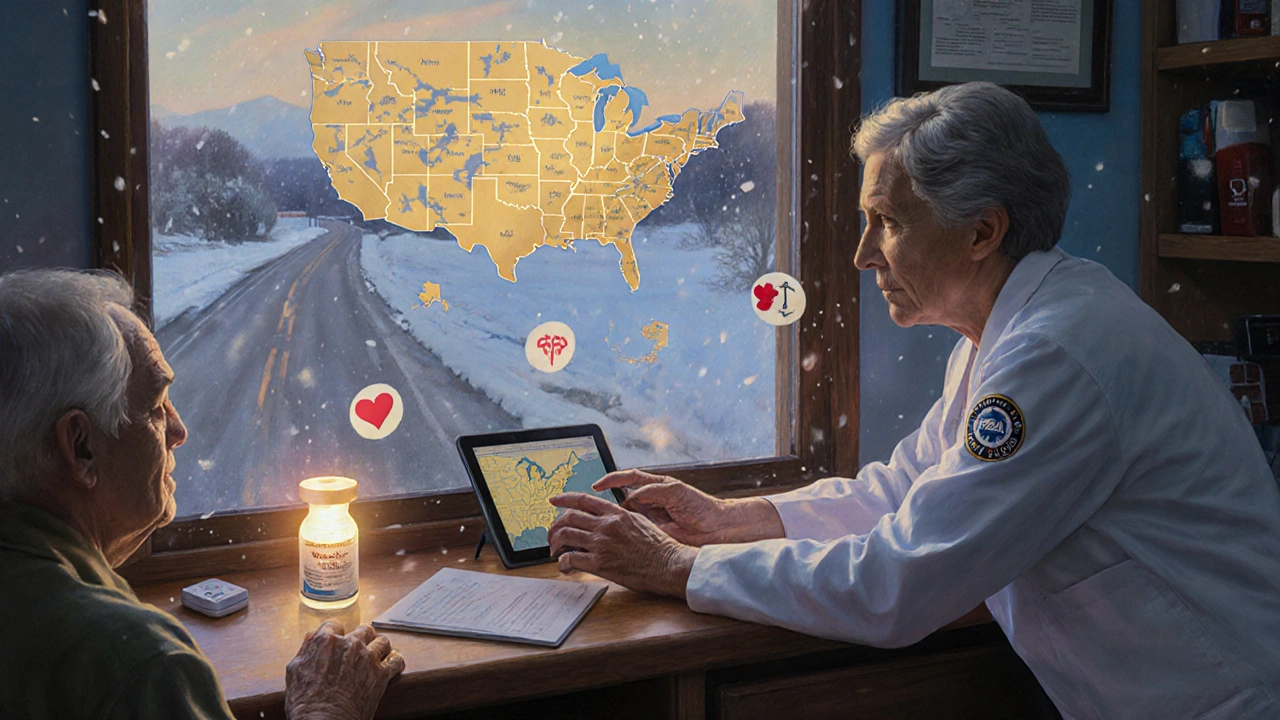 Un pharmacien explique une substitution thérapeutique à un patient âgé dans une clinique rurale au lever du jour.