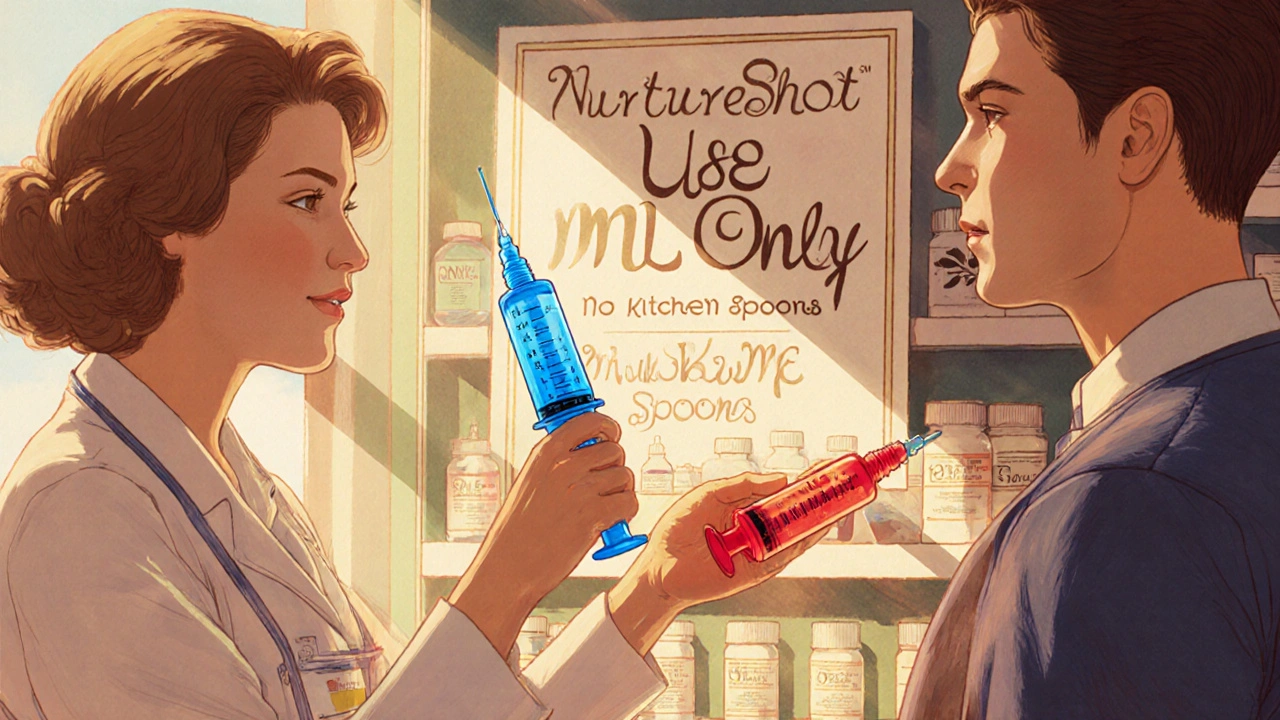 Un pharmacien remet une seringue colorée pour médicament pédiatrique à un parent dans une pharmacie.