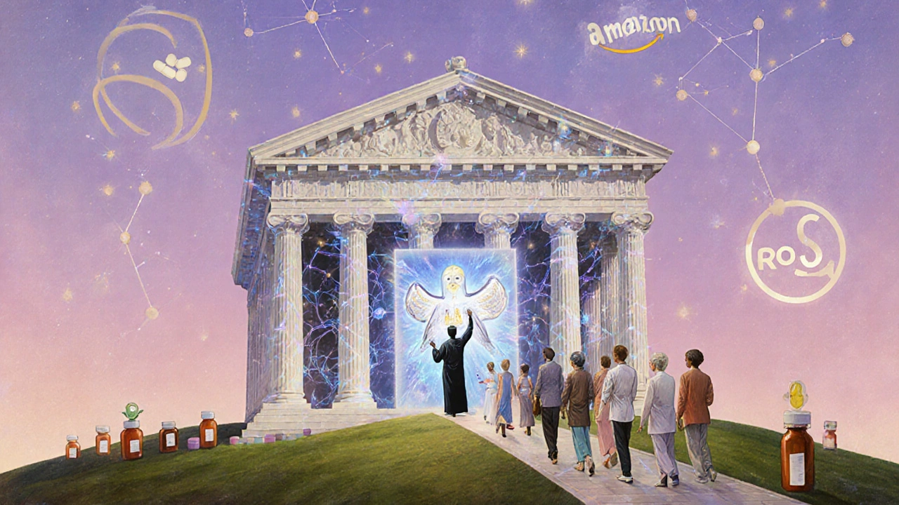 Un temple de la pharmacie numérique avec des patients guidés par des algorithmes ailés, sous un ciel rose et lavande.