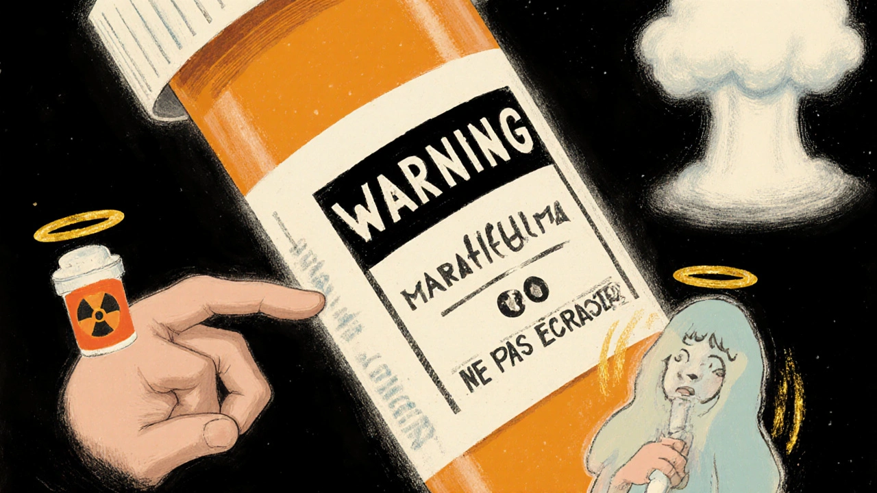 Une étiquette de médicament avec avertissement en boîte noire entourée de symboles mal interprétés par des patients.
