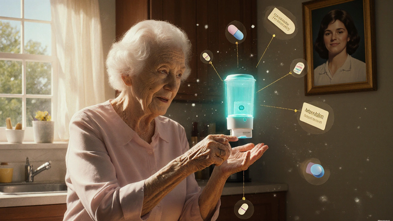 Une femme âgée reçoit un médicament d&#039;un distributeur intelligent, entourée d&#039;icônes holographiques dans une cuisine ensoleillée.