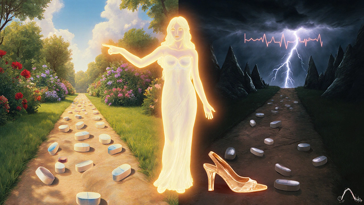 Une femme entre deux chemins symboliques : l&#039;un sûr avec des antidépresseurs ISRS, l&#039;autre dangereux avec des ATC, un stérilet au cuivre à ses pieds.