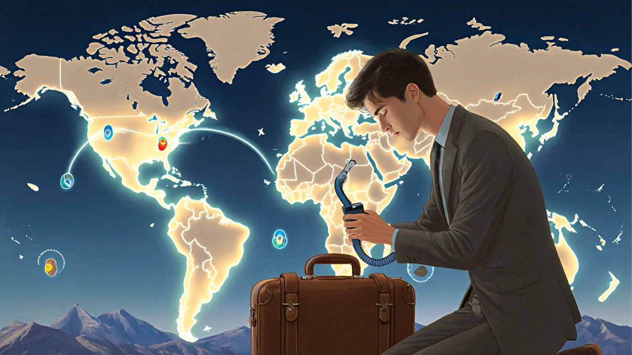 Voyageur range son appareil CPAP portable, entouré de lumières symbolisant les voyages et l&#039;adaptation.