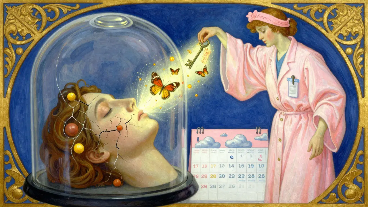 Allégorie d'un visage sous une coupole fissurée, libéré par une clé magique, entouré de motifs floraux et de cycles hormonaux.